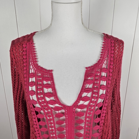 Chicos Crochet Tunic Shirt Pink V Neck Boho Coastal Beach Vacation 3 XL - Picture 2 of 7